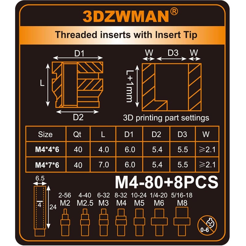 3DZWMAN M4 Threaded Inserts with M2-M8 Heat Set Insert Tools,Brass Metric Knurled Nuts for 3D Printing Components and Plastic Parts(M4x4x6-40PCS M4x7x6-40PCS) - Image 3